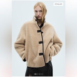 Mango Tan Teddy Coat with Black Accents